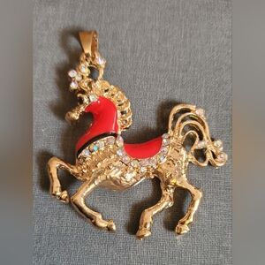 Gold-Tone Red Enamel Horse Pendant Necklace with Crystal Accents